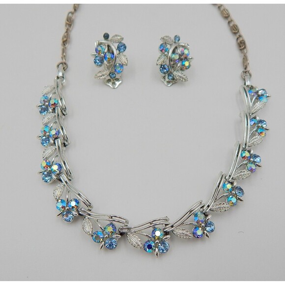 Lisner Aurora Borealis Rhinestones Necklace SilverTone Choker Clip On Earrings - Picture 3 of 10